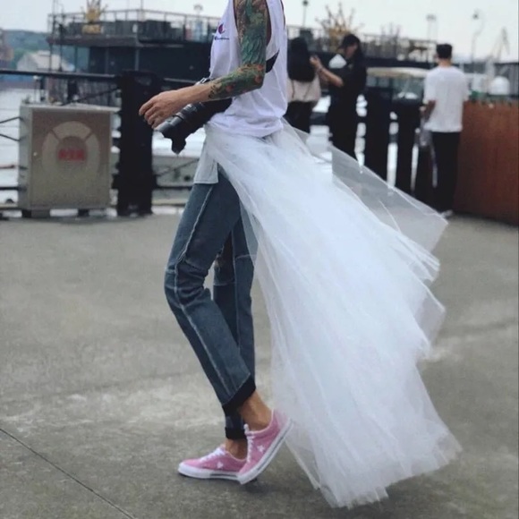 Patchwork Mesh Denim Ripped High Waist Vintage Jeans with Tulle Overlay Skirt - Picture 2 of 13